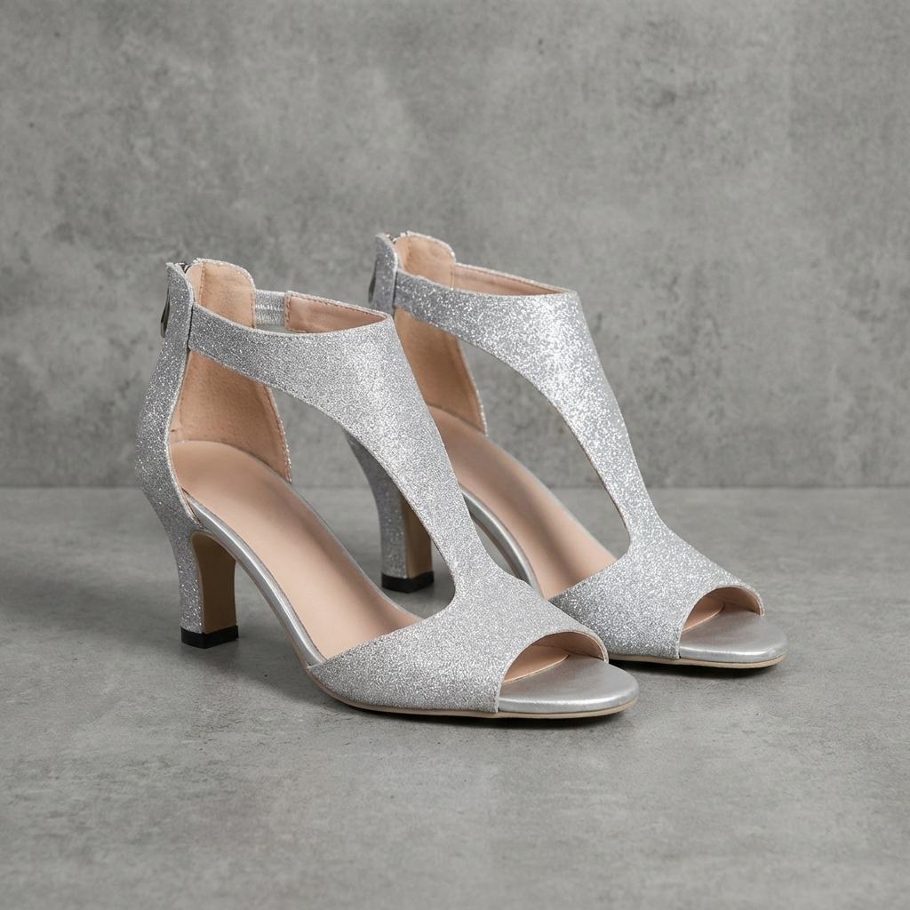 Women's Mid Heel Peep Toe Sandals Glitter Cut Out Sides