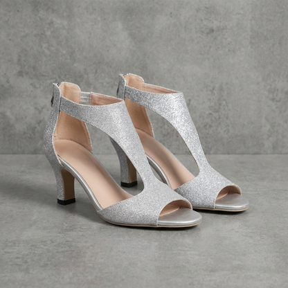 Women's Mid Heel Peep Toe Sandals Glitter Cut Out Sides