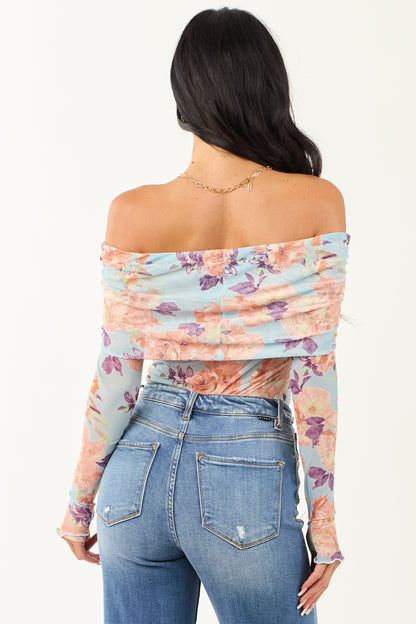 Women's Off-the-Shoulder Bodysuit Floral Sky Blue