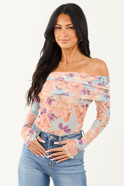 Women's Off-the-Shoulder Bodysuit Floral Sky Blue - VibreMode