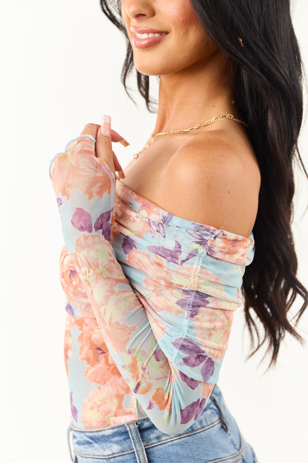 Women's Off-the-Shoulder Bodysuit Floral Sky Blue