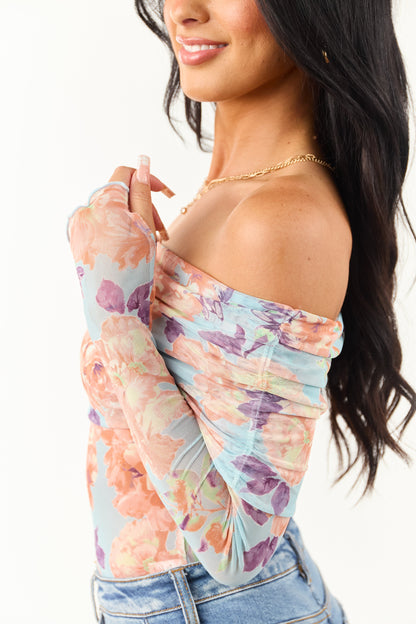 Women's Off-the-Shoulder Bodysuit Floral Sky Blue