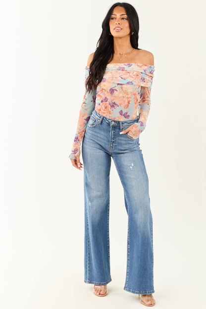 Women's Off-the-Shoulder Bodysuit Floral Sky Blue