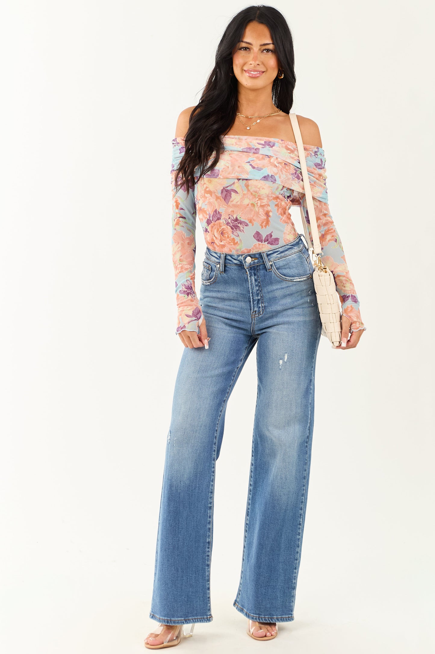 Women's Off-the-Shoulder Bodysuit Floral Sky Blue