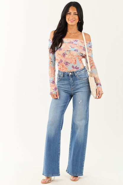 Women's Off-the-Shoulder Bodysuit Floral Sky Blue
