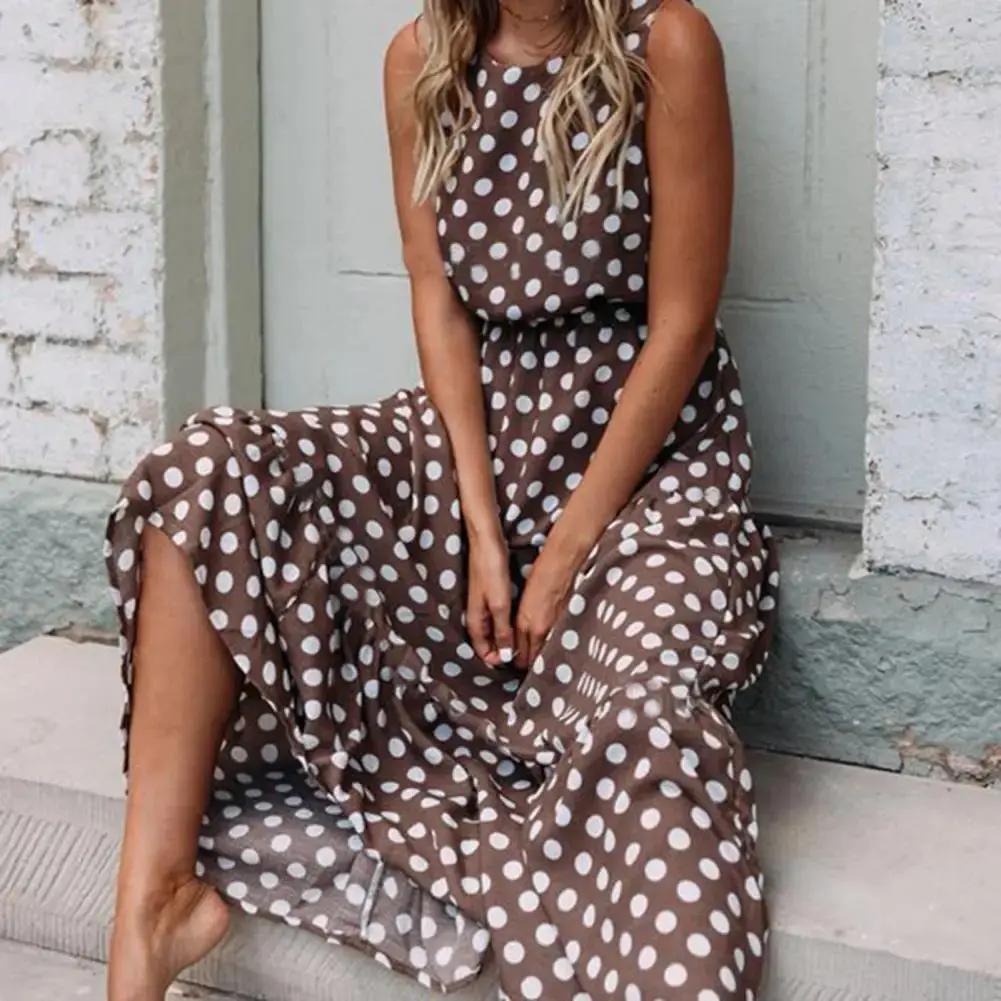 Women's Sleeveless Polka Dot Maxi Dress Comfortable - VibreMode