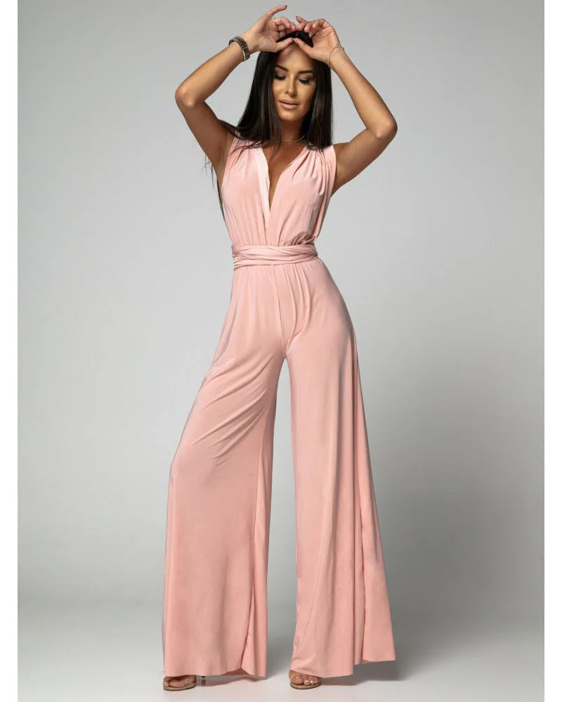 Women's Wide Leg Jumpsuit Deep V-Neck Wrap Blush