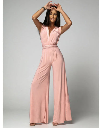 Women's Wide Leg Jumpsuit Deep V-Neck Wrap Blush