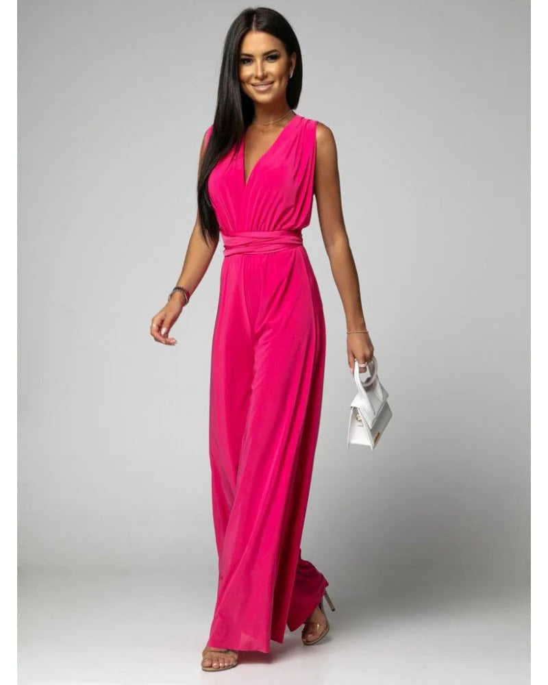 Women's Wide Leg Jumpsuit Deep V-Neck Wrap Blush