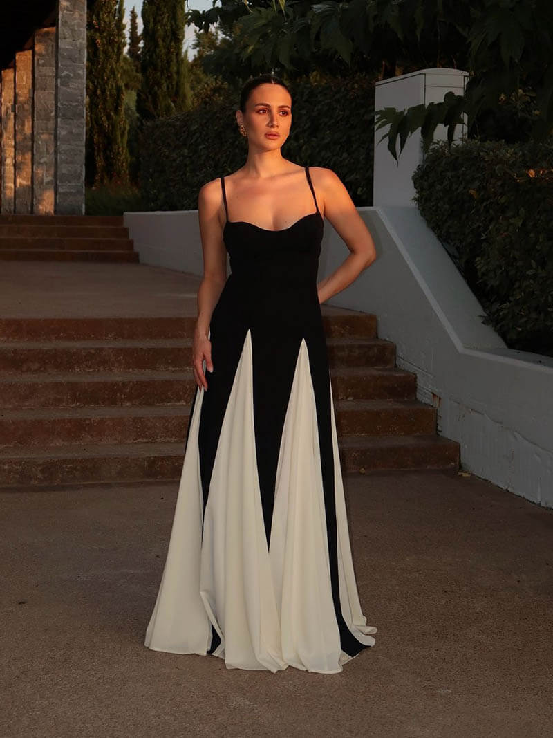 Chic Monochrome Long Evening Dress
