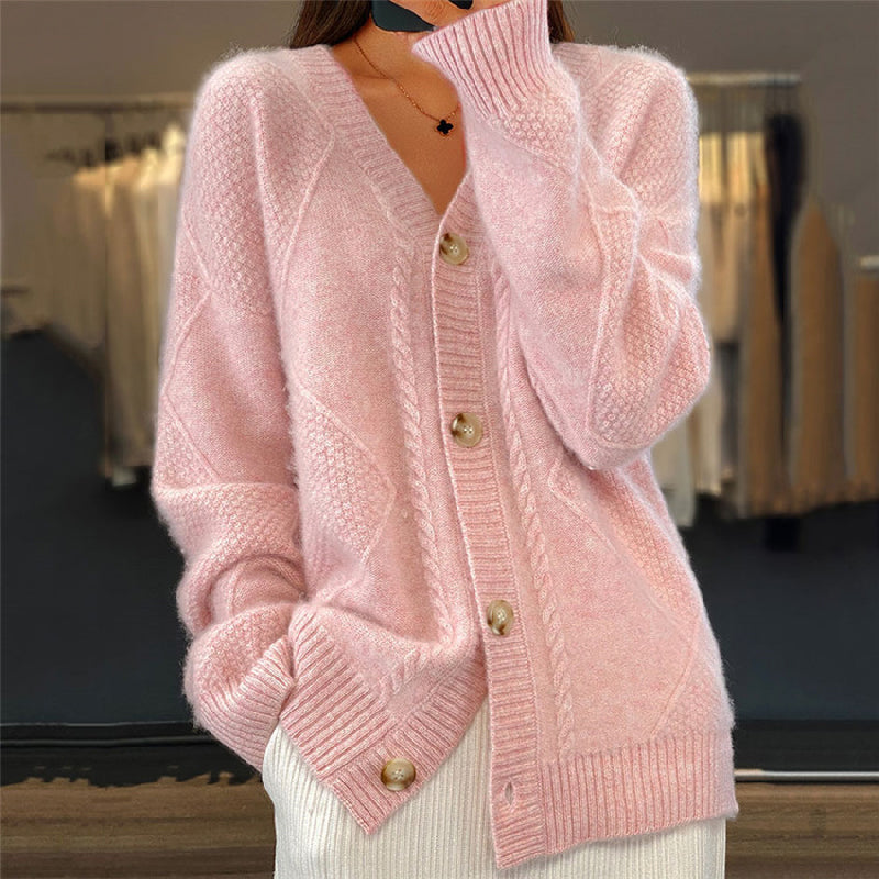 Women's Wool Blend Knitted Cardigan V-Neck Button Up Relaxed Fit - VibreMode
