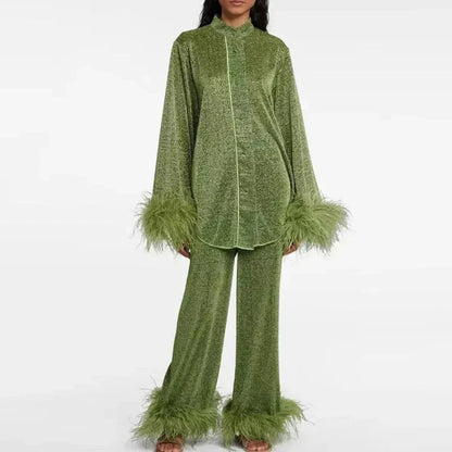 Women's Feather Trim Matching Lounge Set