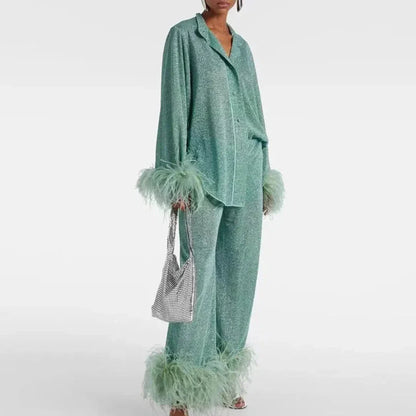 Women's Feather Trim Matching Lounge Set