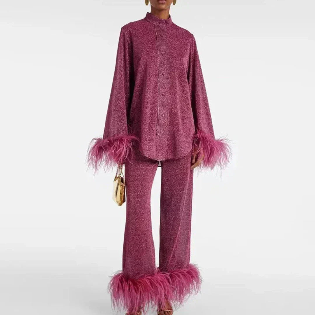 Women's Feather Trim Matching Lounge Set - VibreMode