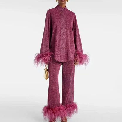 Women's Feather Trim Matching Lounge Set - VibreMode