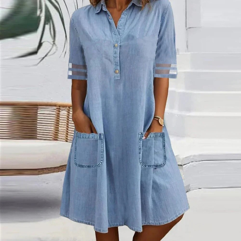 Women's Denim Mini Dress With Side Pockets - VibreMode