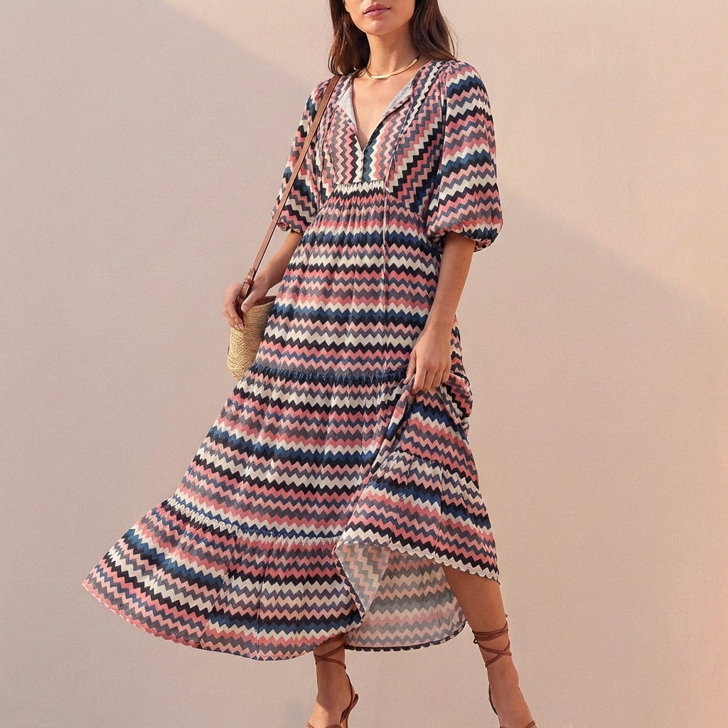 Women's V-Neck Midi Dress Puff Sleeves Tiered Skirt