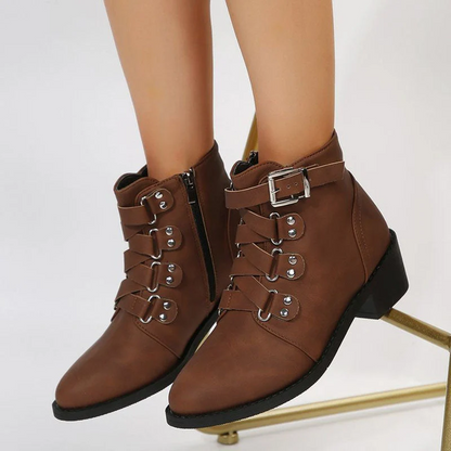 Women's Ankle Boots Comfortable Leather Block Heel Brown - VibreMode