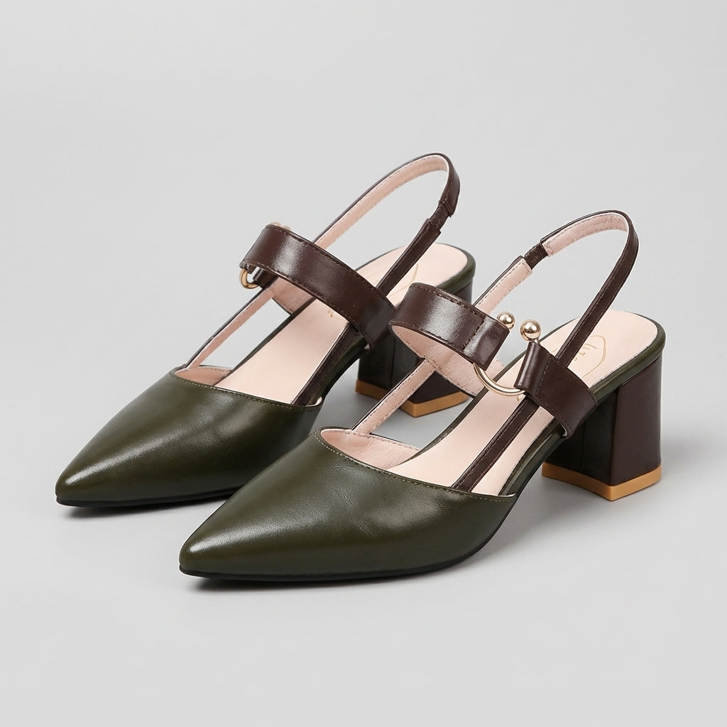 Women's Pointed Toe Slingback Shoes Block Heel Decorative Strap