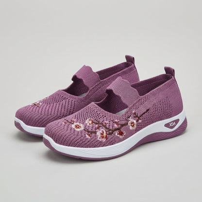 Women's Knit Mesh Mary Jane Flats Floral Embroidery