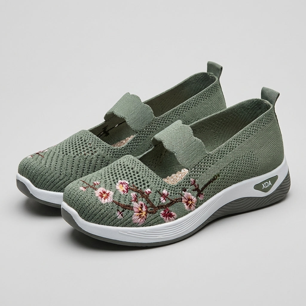 Women's Knit Mesh Mary Jane Flats Floral Embroidery