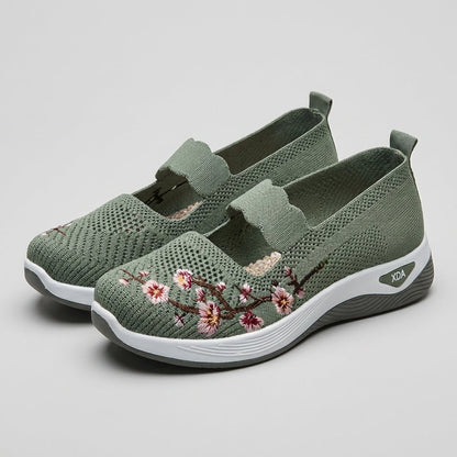 Women's Knit Mesh Mary Jane Flats Floral Embroidery