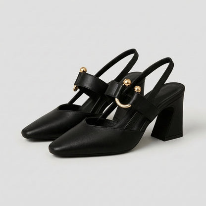 Women's Pointed Toe Block Heels Metallic Accent