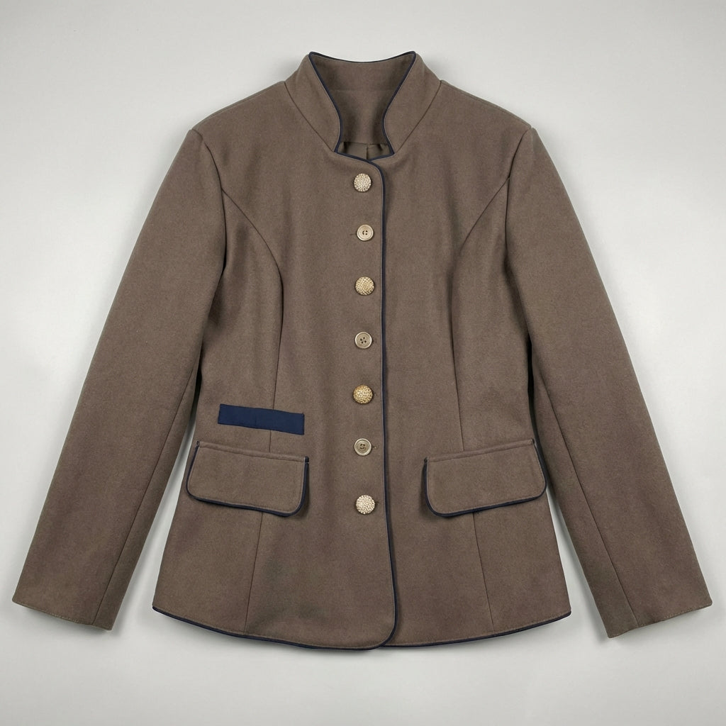 Wool Blazer Stand Collar Contrast Piping