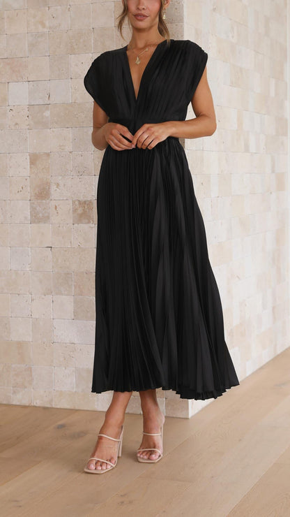 Women's V-Neck Pleated Maxi Dress
