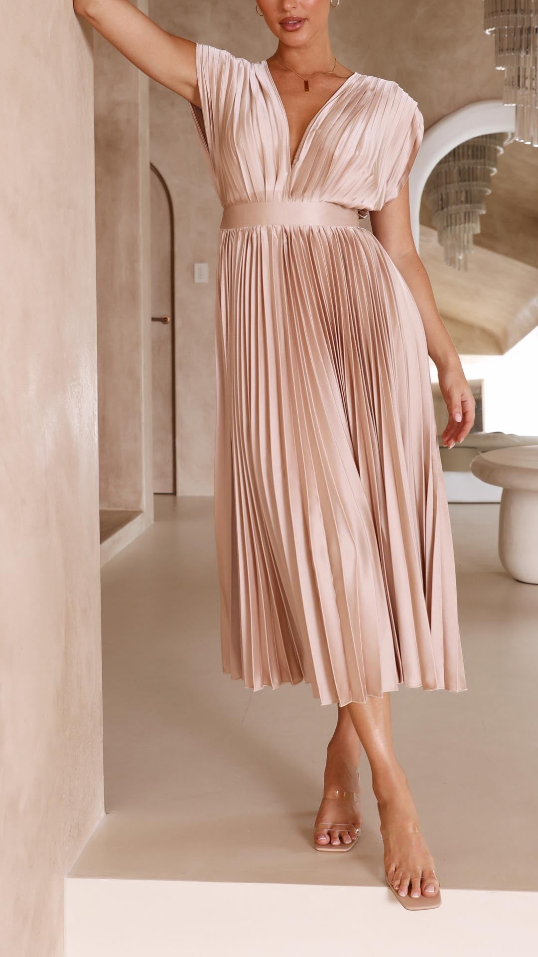 Women's V-Neck Pleated Maxi Dress