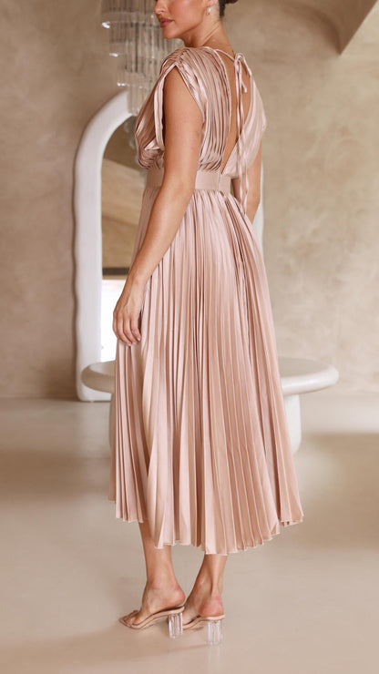 Women's V-Neck Pleated Maxi Dress