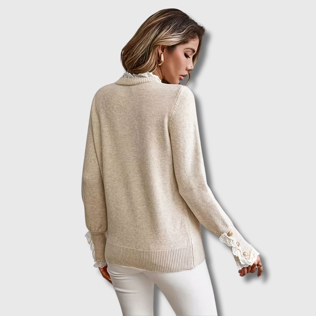 Women's Crewneck Sweater Eyelet Lace Ruffle Details