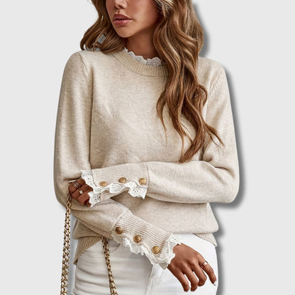 Women's Crewneck Sweater Eyelet Lace Ruffle Details