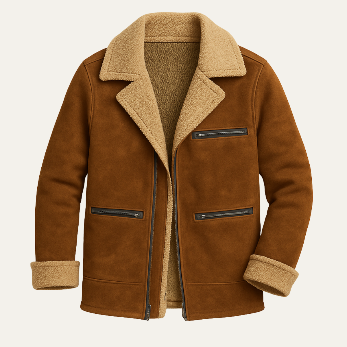 Men's Suede Shearling Jacket Zipper Pockets Brown - VibreMode