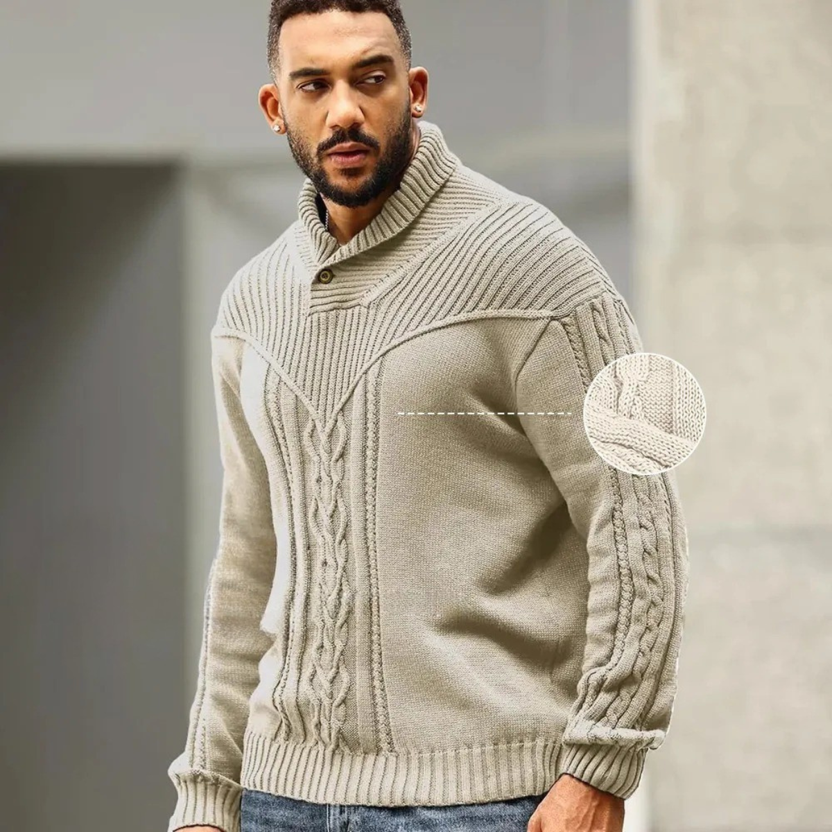 Men's Ribbed Knit Winter Sweater Button Neck
