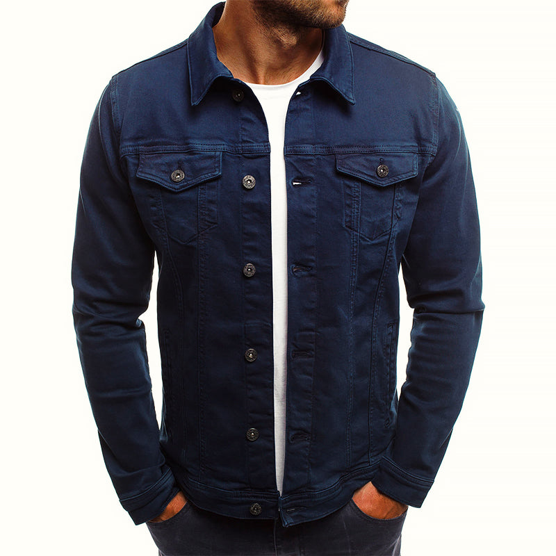 Men's Slim Fit Denim Jacket Cotton Blend Classic Blue - VibreMode