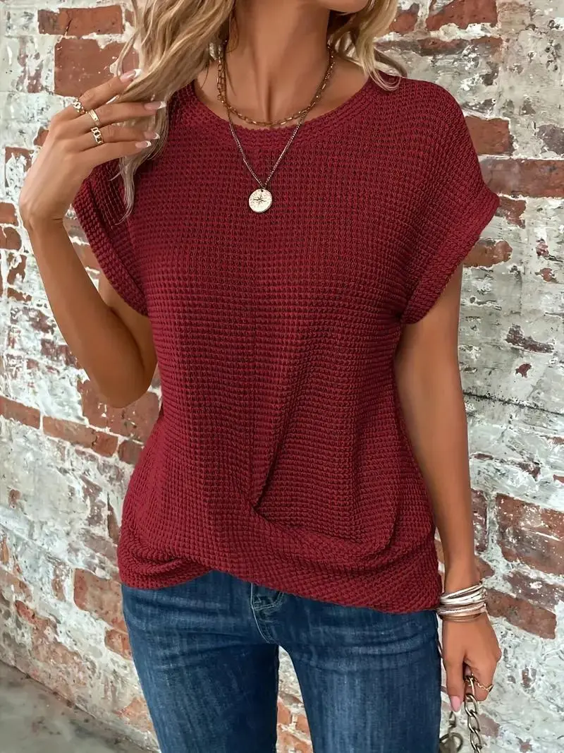 Twist-Hem Waffle Tee for Women – Effortless Style & Comfort-Caliboot