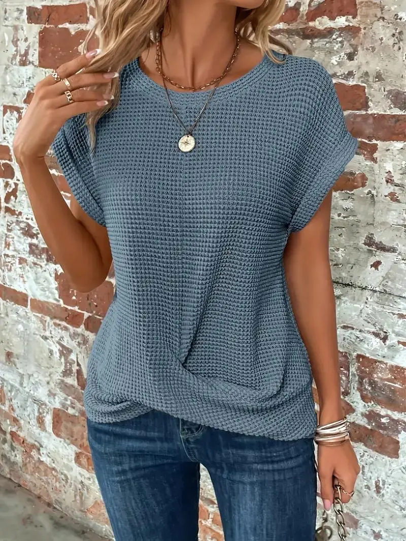 Women's Waffle Knit T-Shirt Twist Hem Comfortable - VibreMode