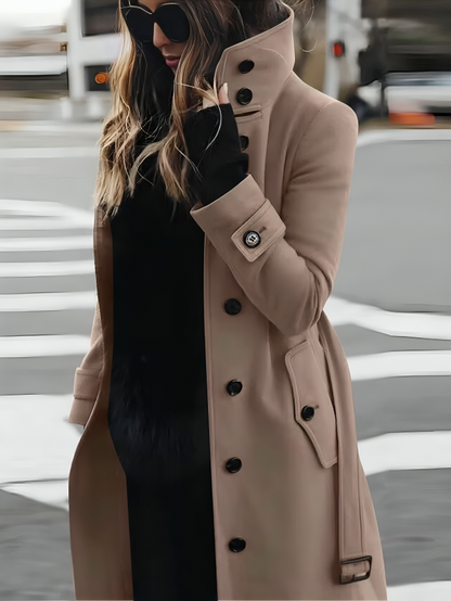 Women's Long Coat High Collar Belted Wool Black