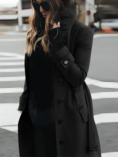 Women's Long Coat High Collar Belted Wool Black