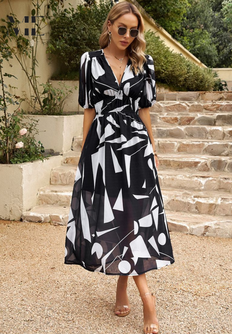 Vibrant Floral Print V Neck Midi Dress for Women