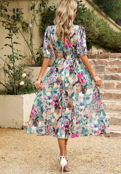 Red Floral Waist Midi Dress for Women