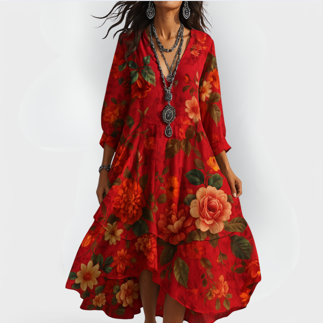 Women's Floral Maxi Dress V-Neck Three-Quarter Sleeves