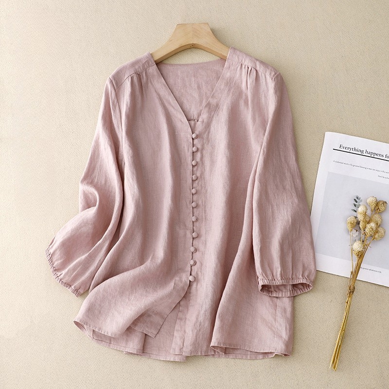 Women's Relaxed V-Neck Blouse Linen Texture - VibreMode