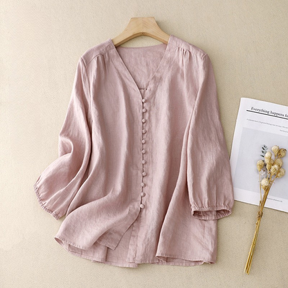 Women's Relaxed V-Neck Blouse Linen Texture - VibreMode
