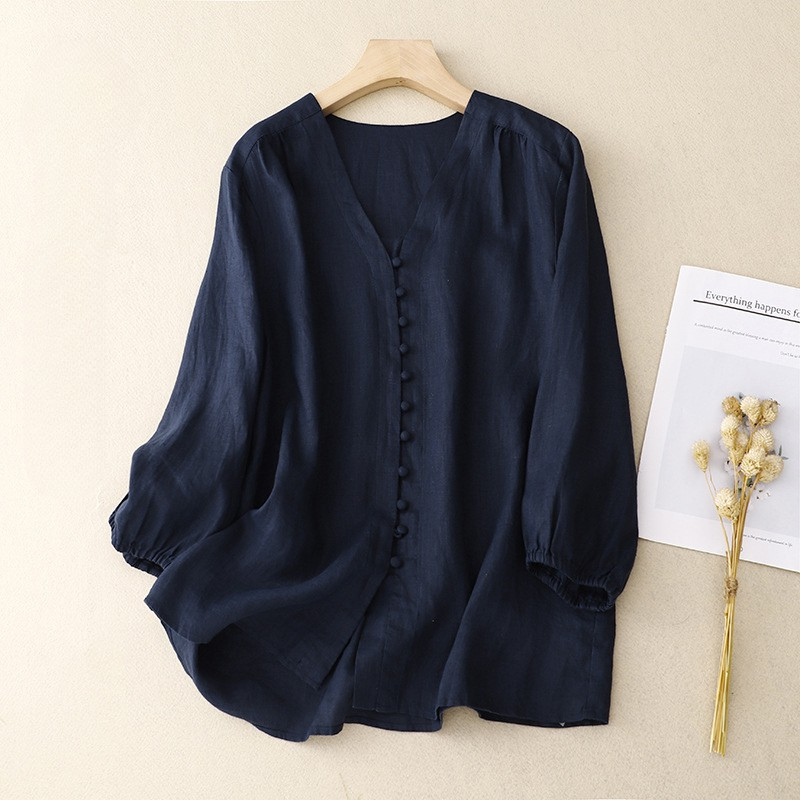 Women's Relaxed V-Neck Blouse Linen Texture