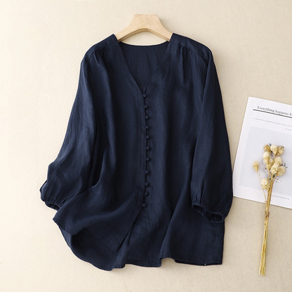 Women's Relaxed V-Neck Blouse Linen Texture