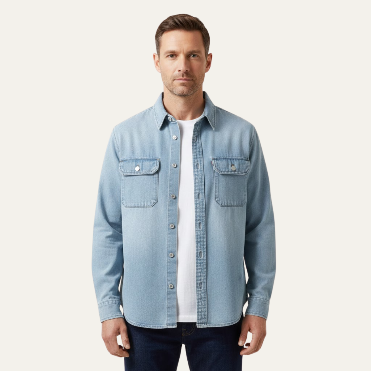 Mens Vintage Denim Shirt Loose Fit Button Up Blue