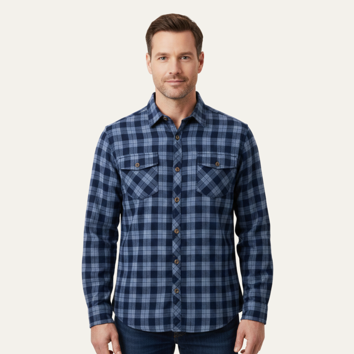 Men's Plaid Denim Shirt Chest Pockets