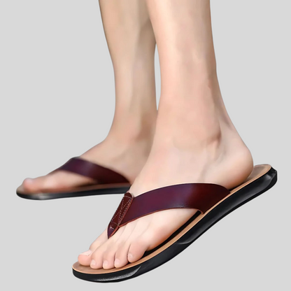 Men's Slip On Flip Flops Casual Leather Brown - VibreMode